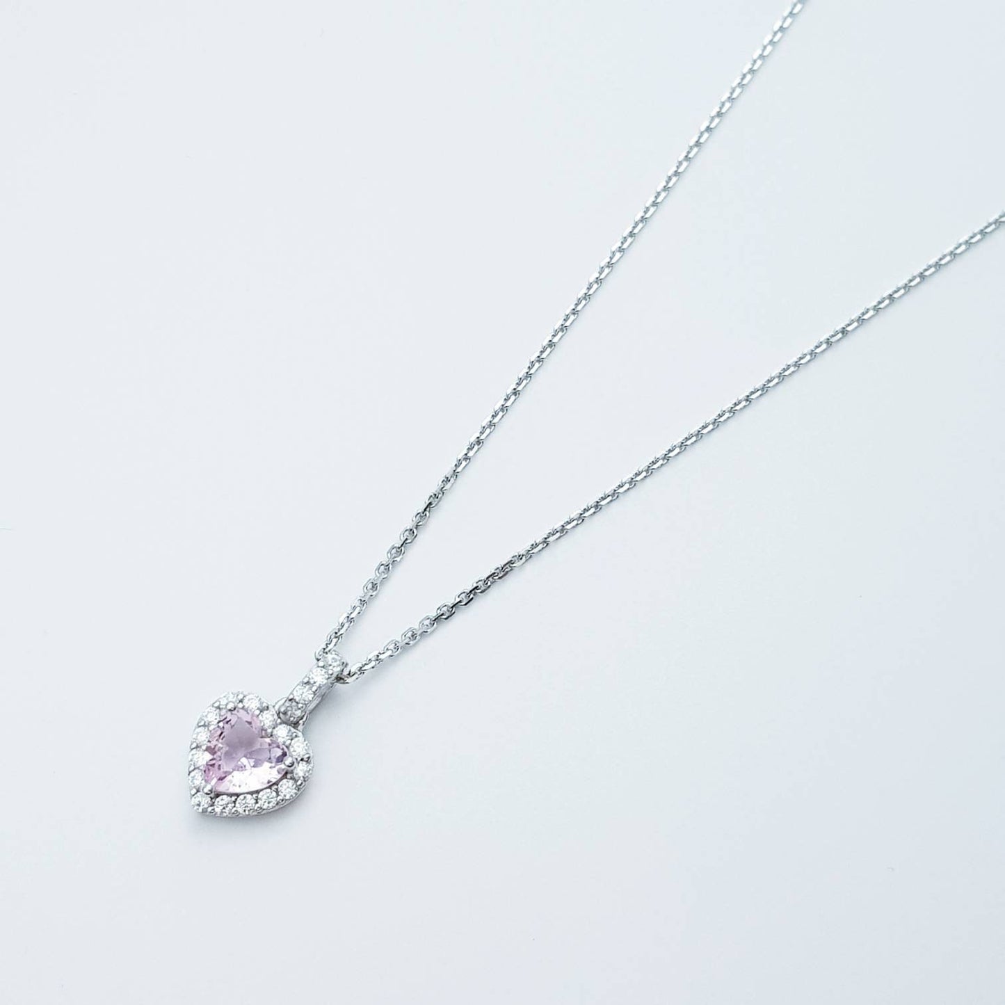 Cute sterling silver pink heart necklace, small light pink faux diamond halo pendant