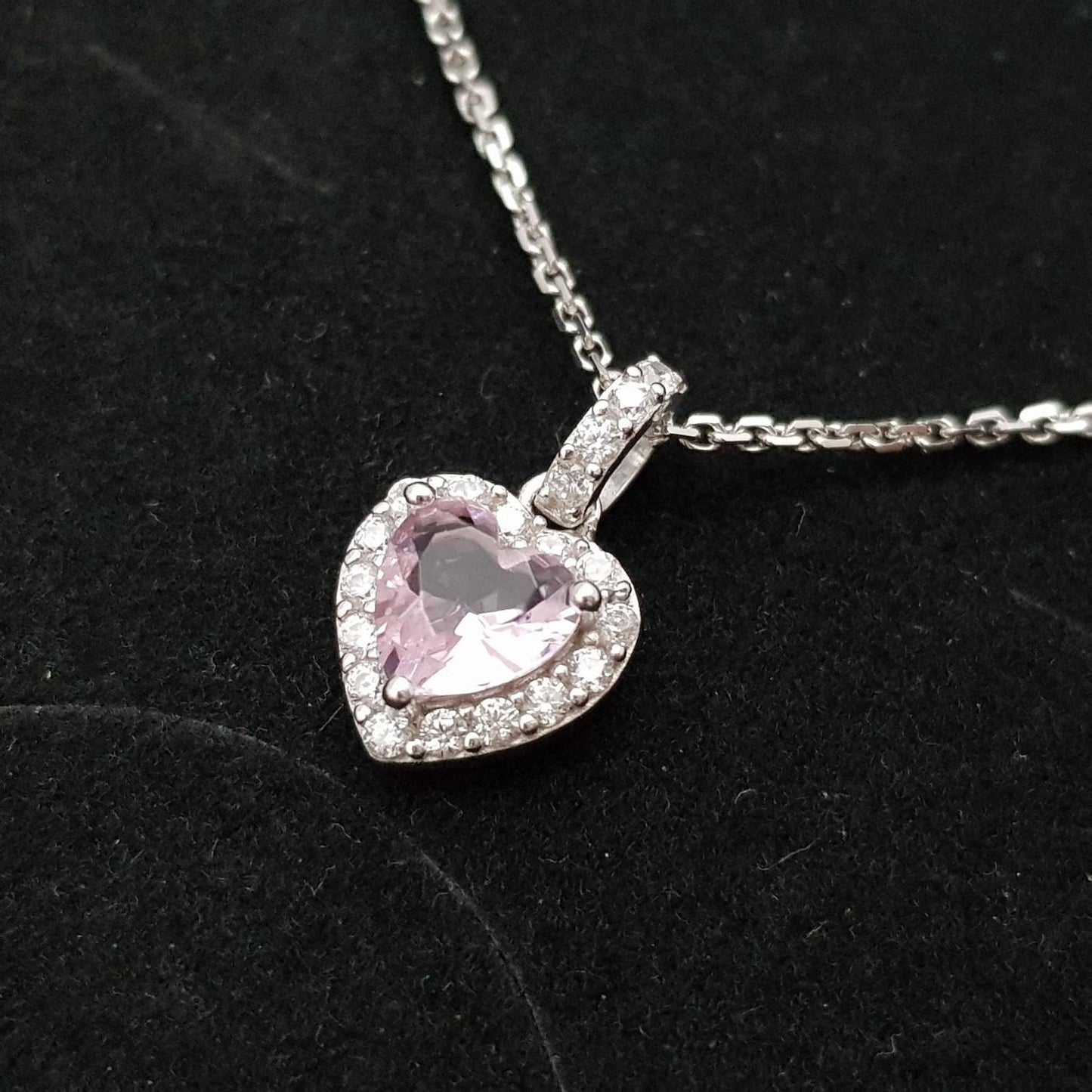 Cute sterling silver pink heart necklace, small light pink faux diamond halo pendant