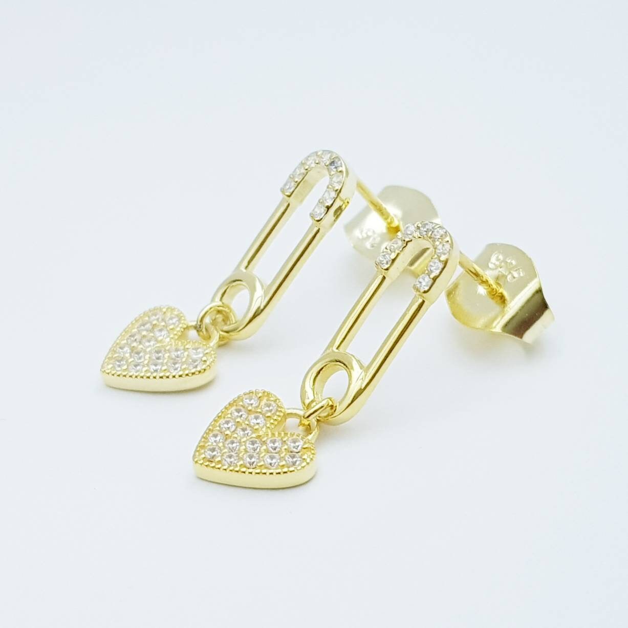 Safety pin and heart earrings, heal my heart studs