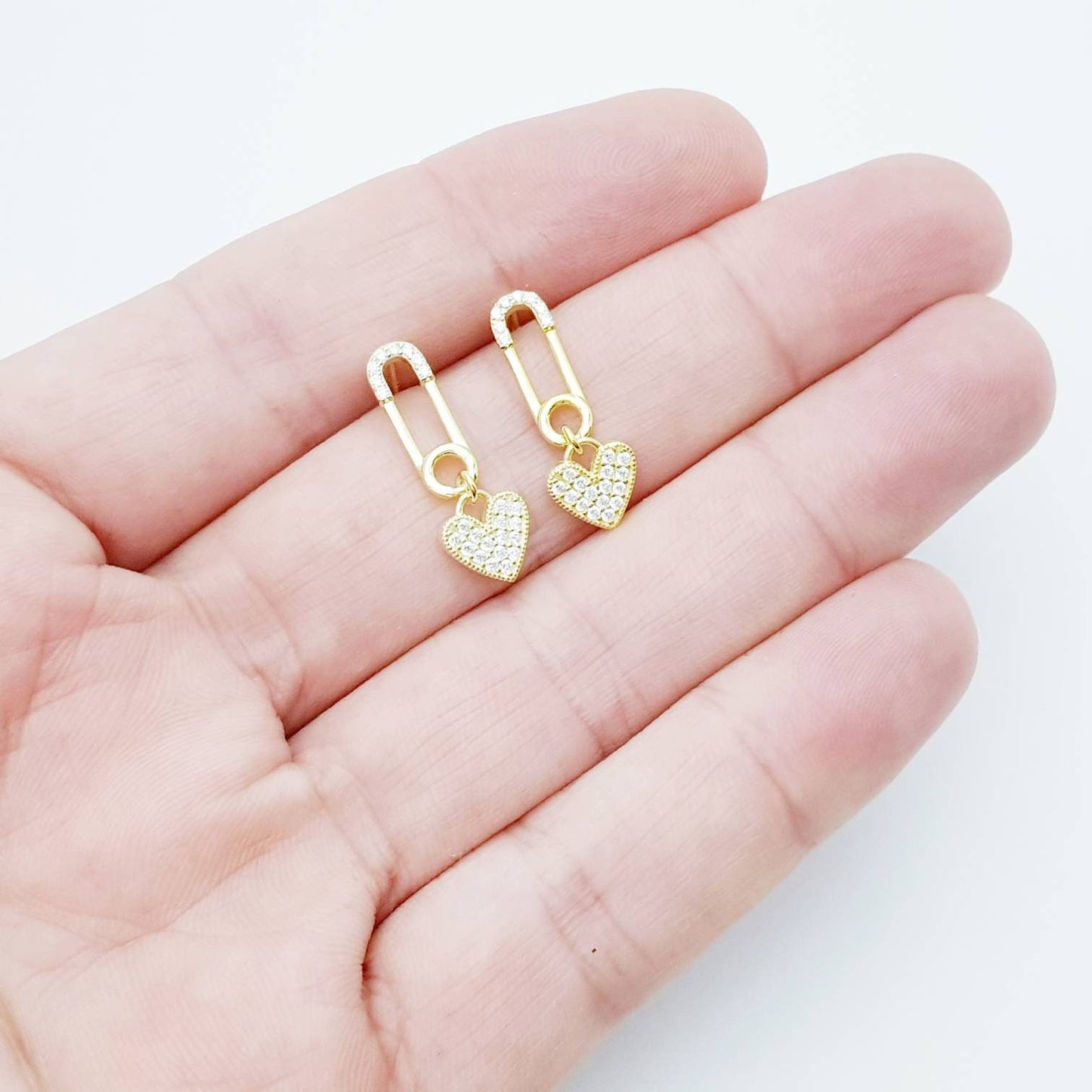 Safety pin and heart earrings, heal my heart studs