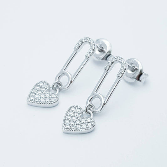 Safety pin and heart earrings, heal my heart studs