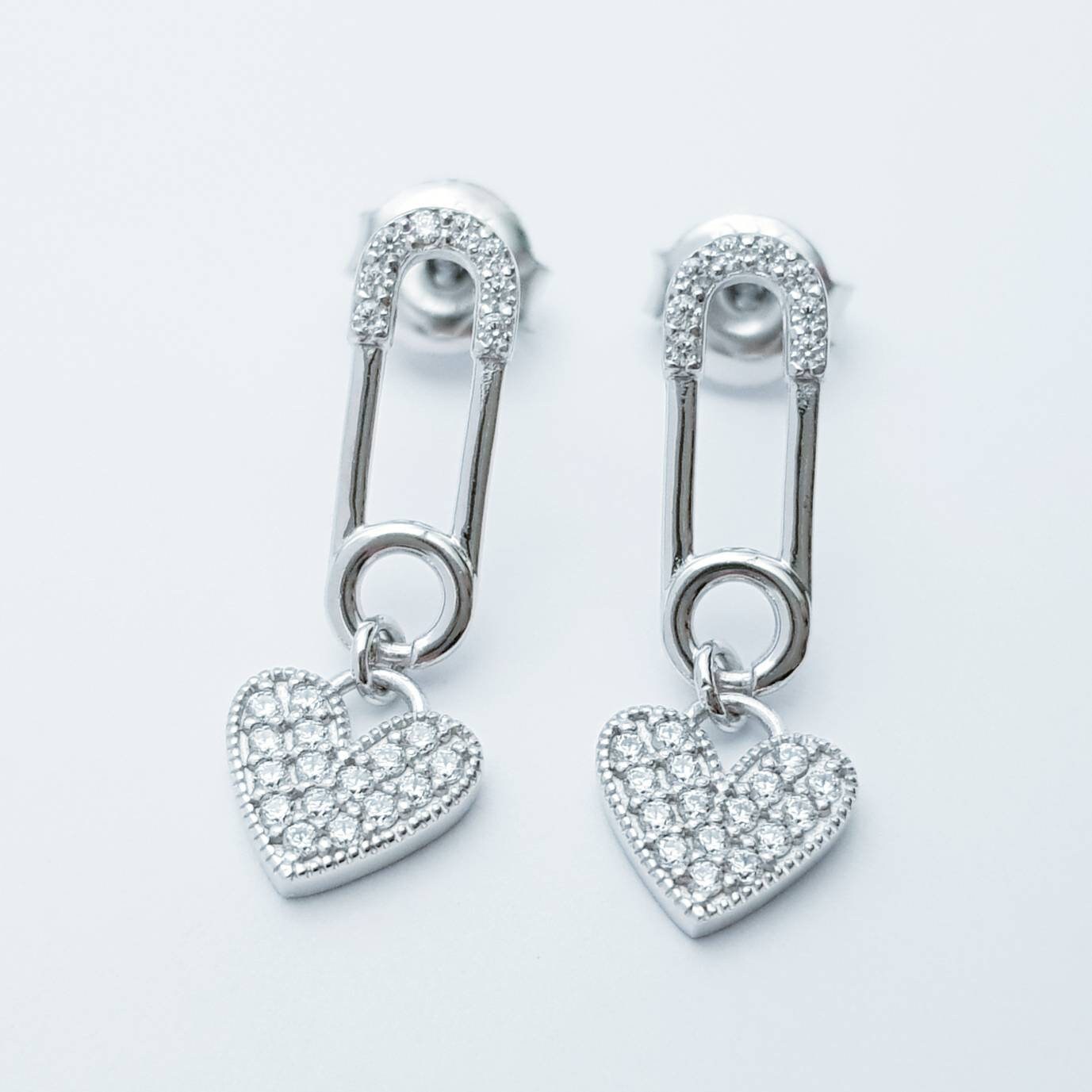 Safety pin and heart earrings, heal my heart studs