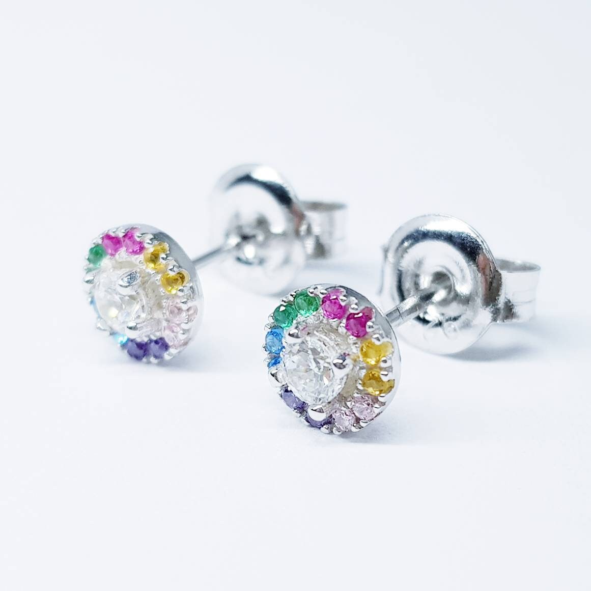 Dainty gold rainbow studs, sterling silver gold plated earrings, rainbow halo