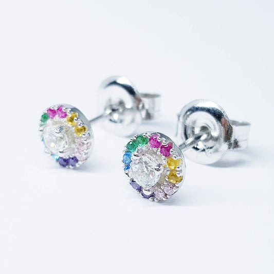 Dainty gold rainbow studs, sterling silver gold plated earrings, rainbow halo