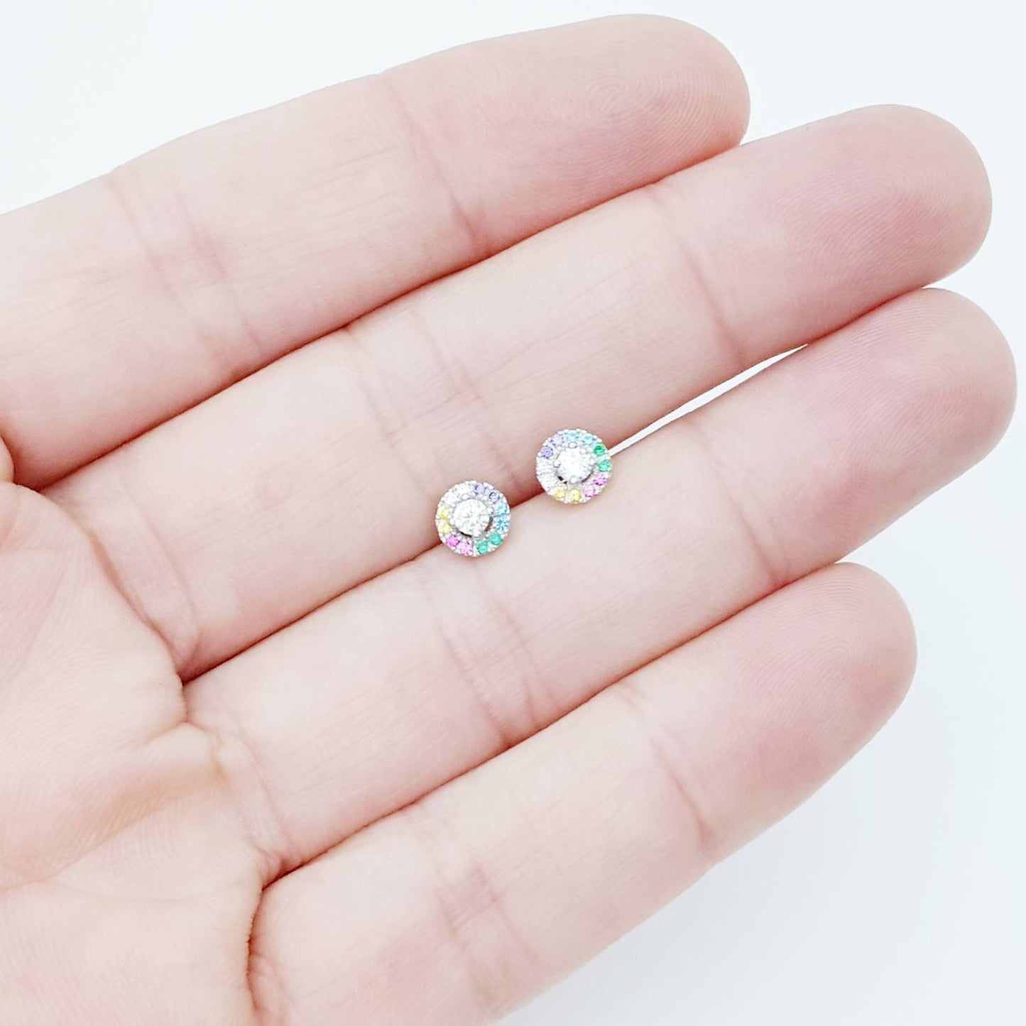 Dainty gold rainbow studs, sterling silver gold plated earrings, rainbow halo