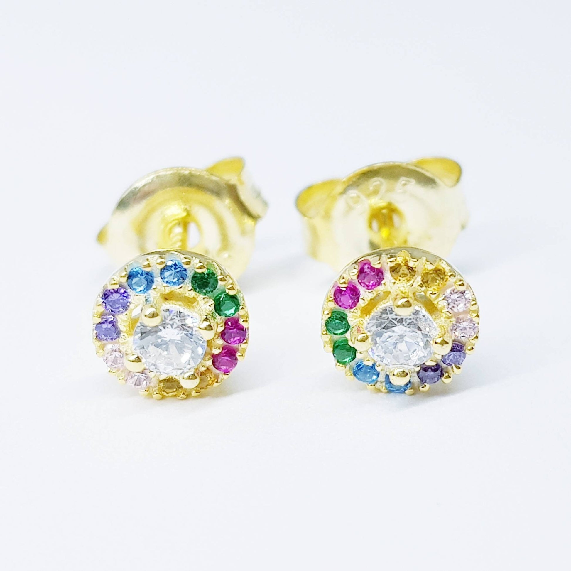 Dainty gold rainbow studs, sterling silver gold plated earrings, rainbow halo
