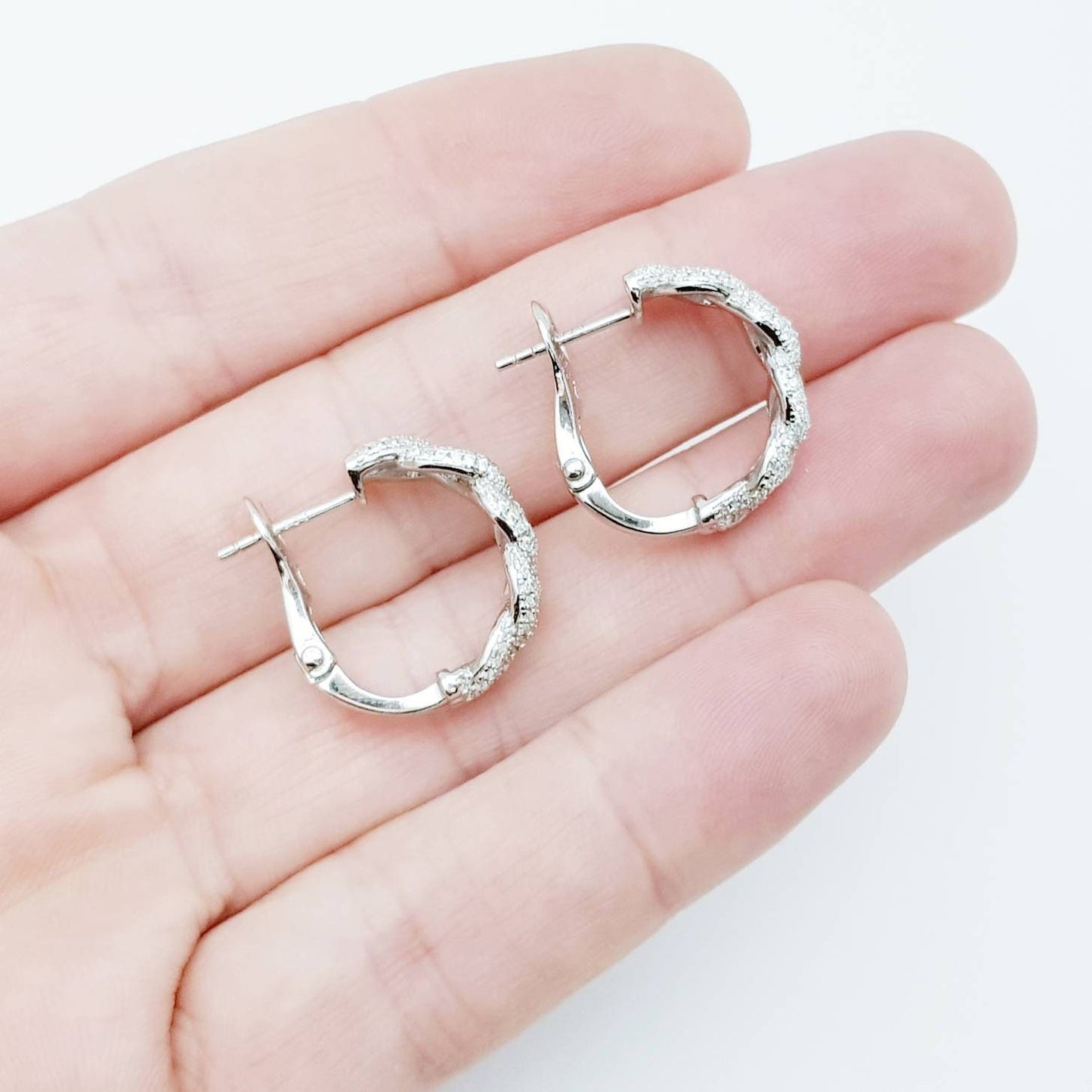 Sterling silver cz encrusted braided half hoop earrings, lever back diamond hoops, dress jewelry