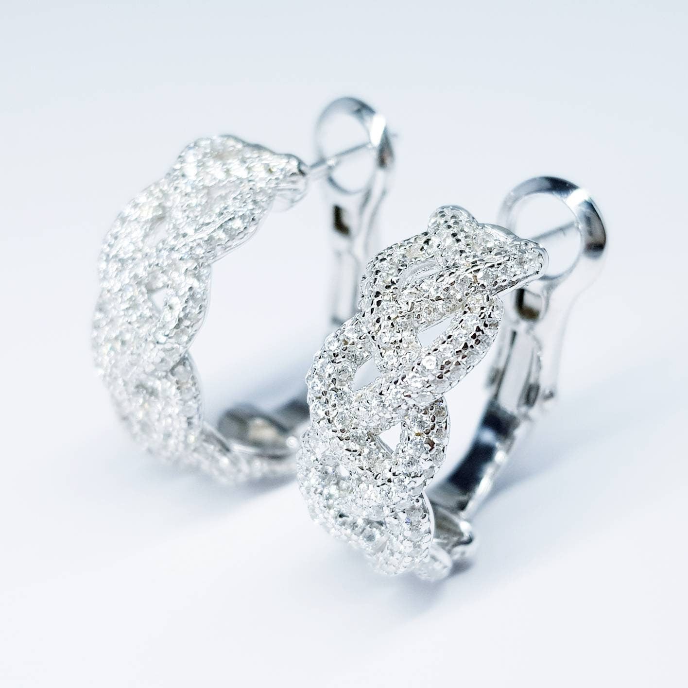Sterling silver cz encrusted braided half hoop earrings, lever back diamond hoops, dress jewelry