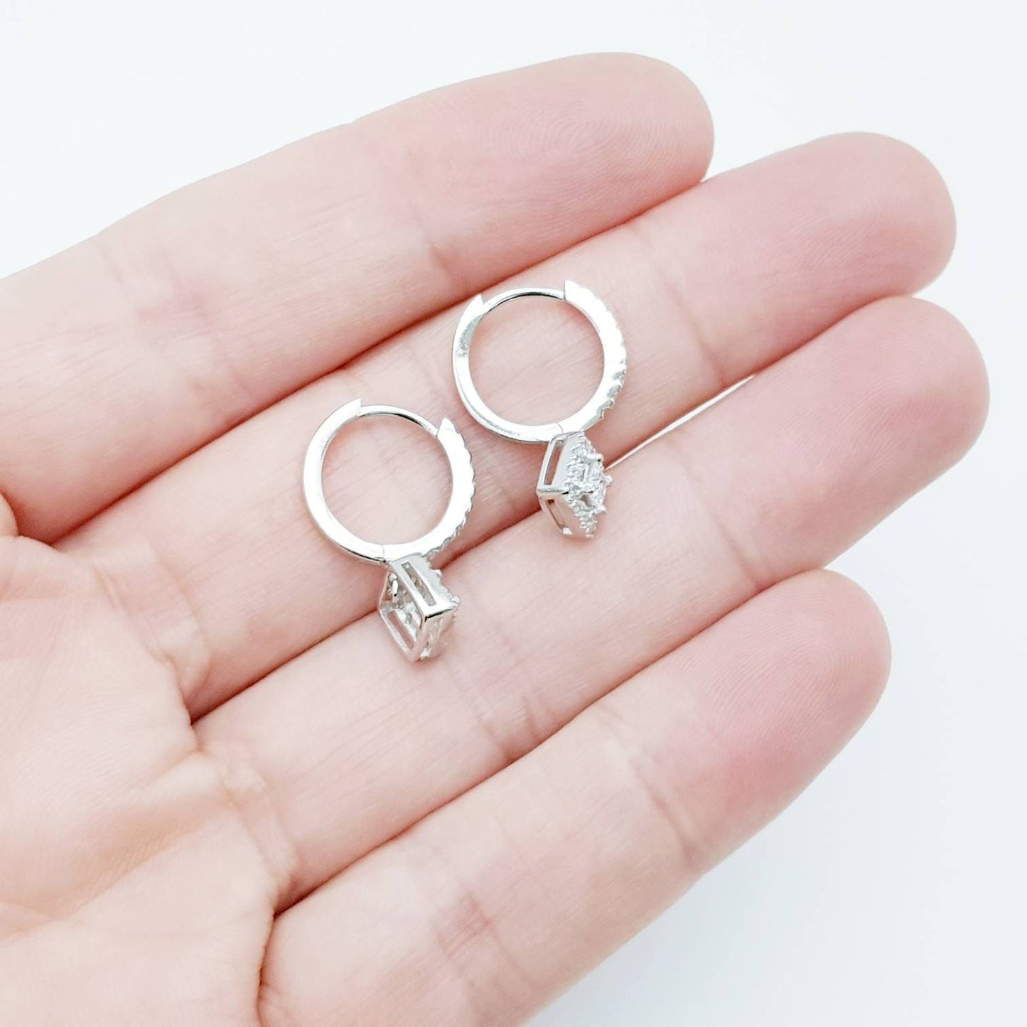 Silver drop and dangle hoop earrings, diamond hoop earrings, square diamond huggie earrings