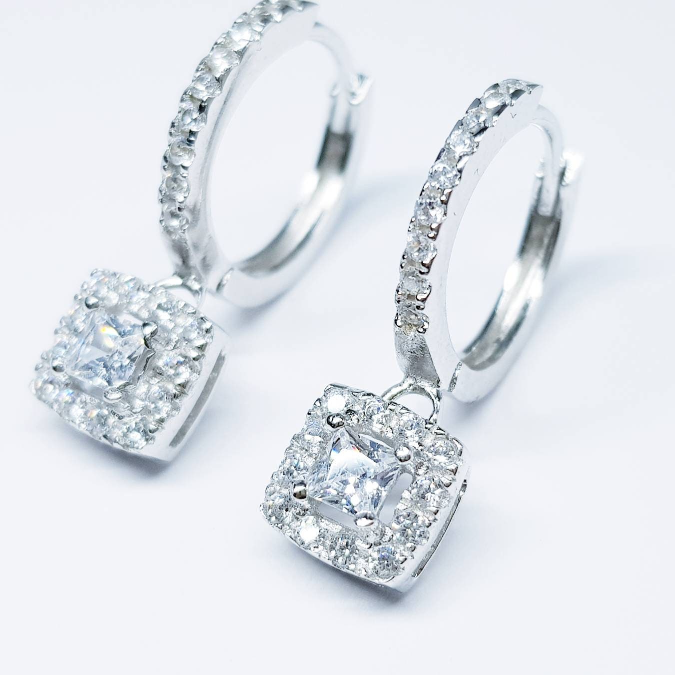 Silver drop and dangle hoop earrings, diamond hoop earrings, square diamond huggie earrings
