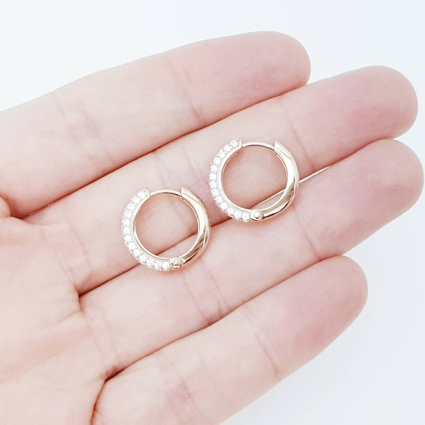 Gold hoop earrings, rose gold huggie earrings, faux diamond hoop earrings