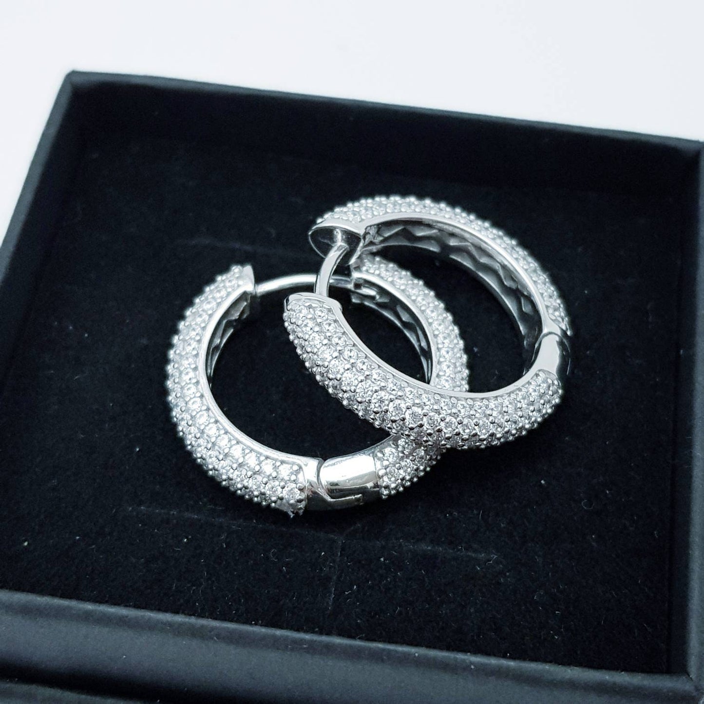 Sterling silver cz encrusted hoop earrings, lever back diamond hoops, luxurious dress jewelry