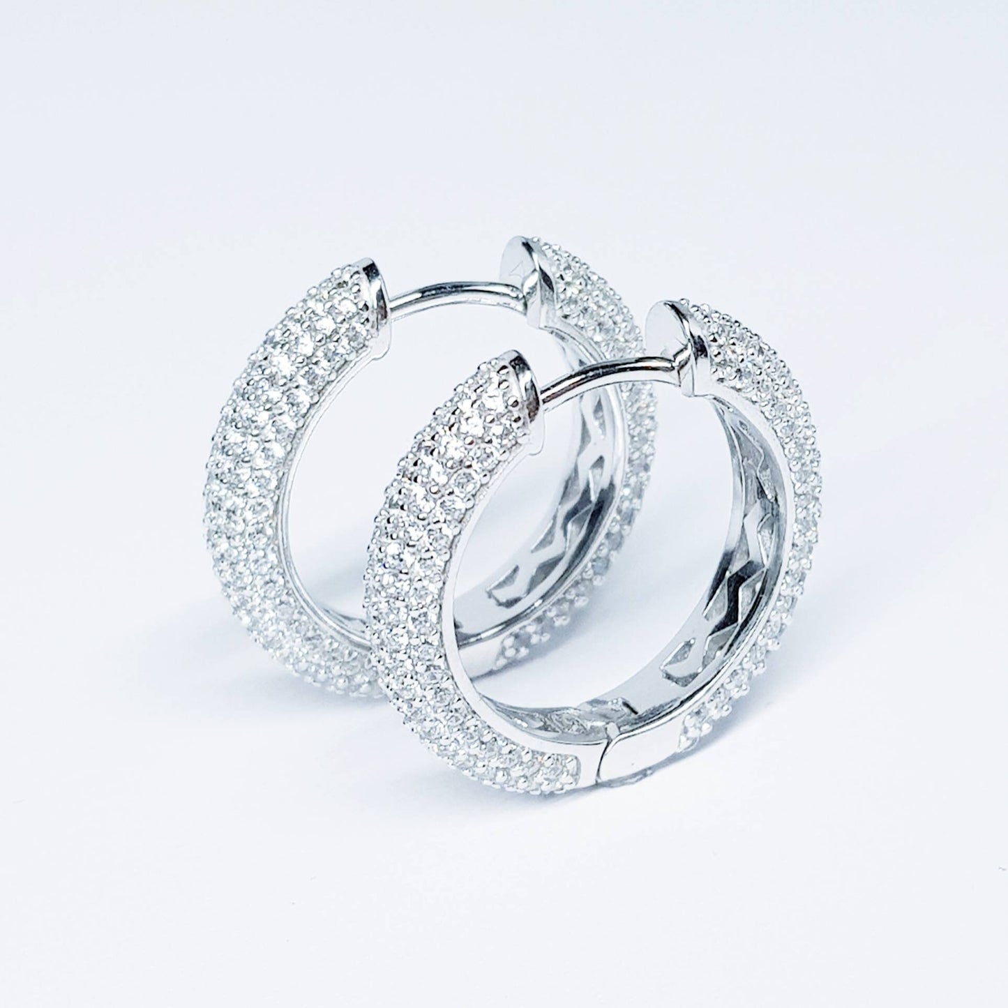 Sterling silver cz encrusted hoop earrings, lever back diamond hoops, luxurious dress jewelry