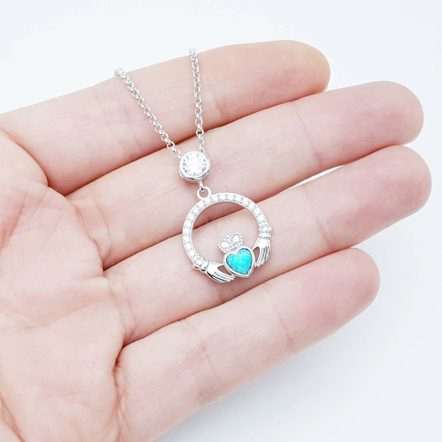 Opal Claddagh pendant, claddagh necklace, sterling silver opal jewelry