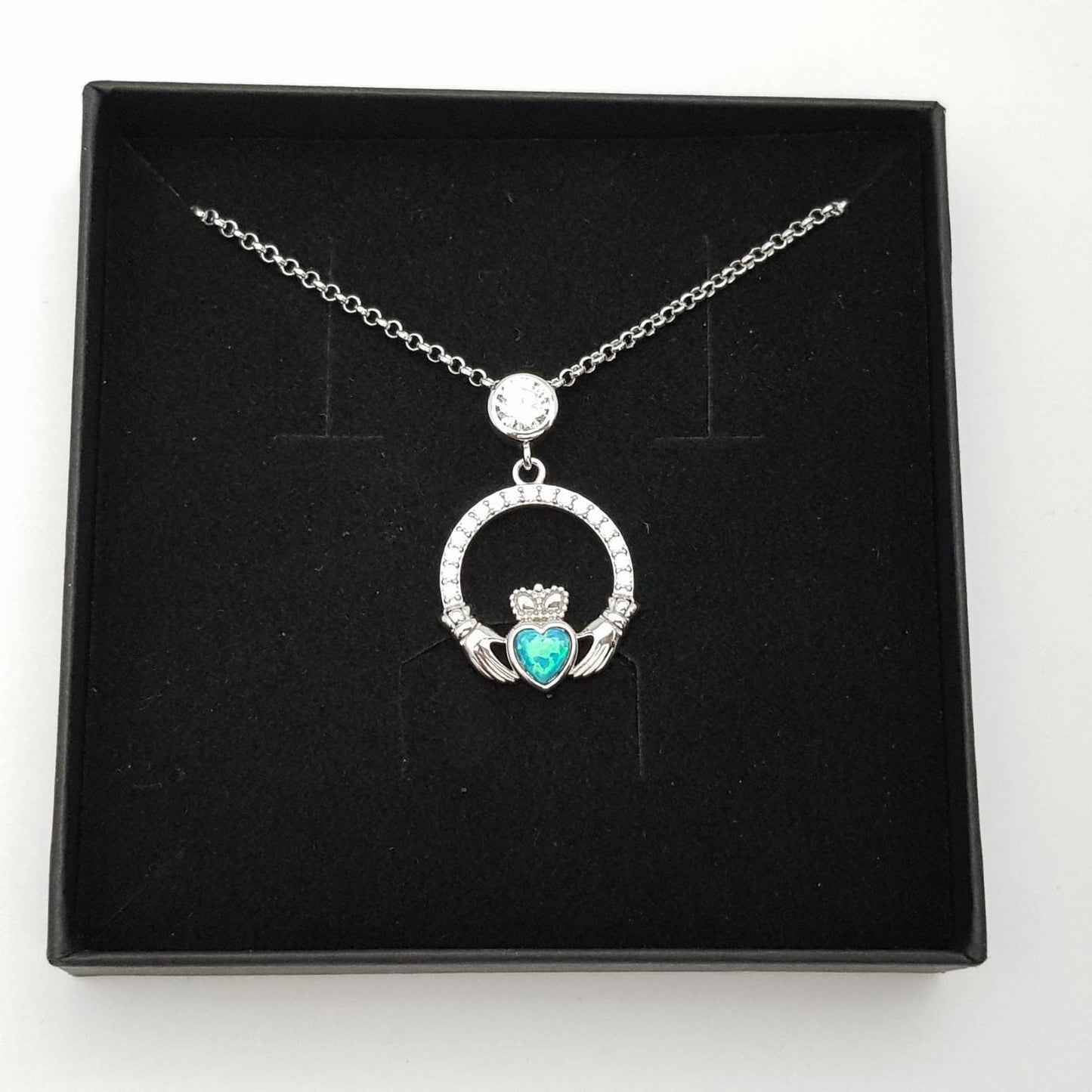 Opal Claddagh pendant, claddagh necklace, sterling silver opal jewelry