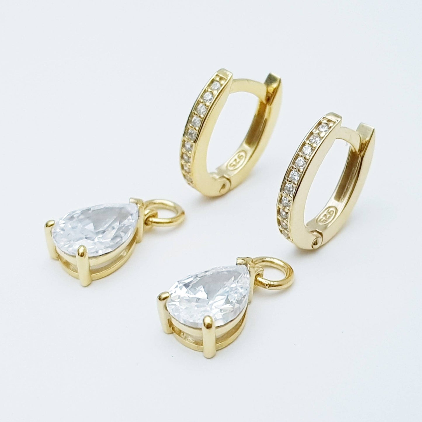 Two in one gold hoop earrings with removable solitaire teardrop, faux diamond small huggie earrings