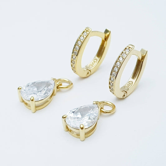 Two in one gold hoop earrings with removable solitaire teardrop, faux diamond small huggie earrings