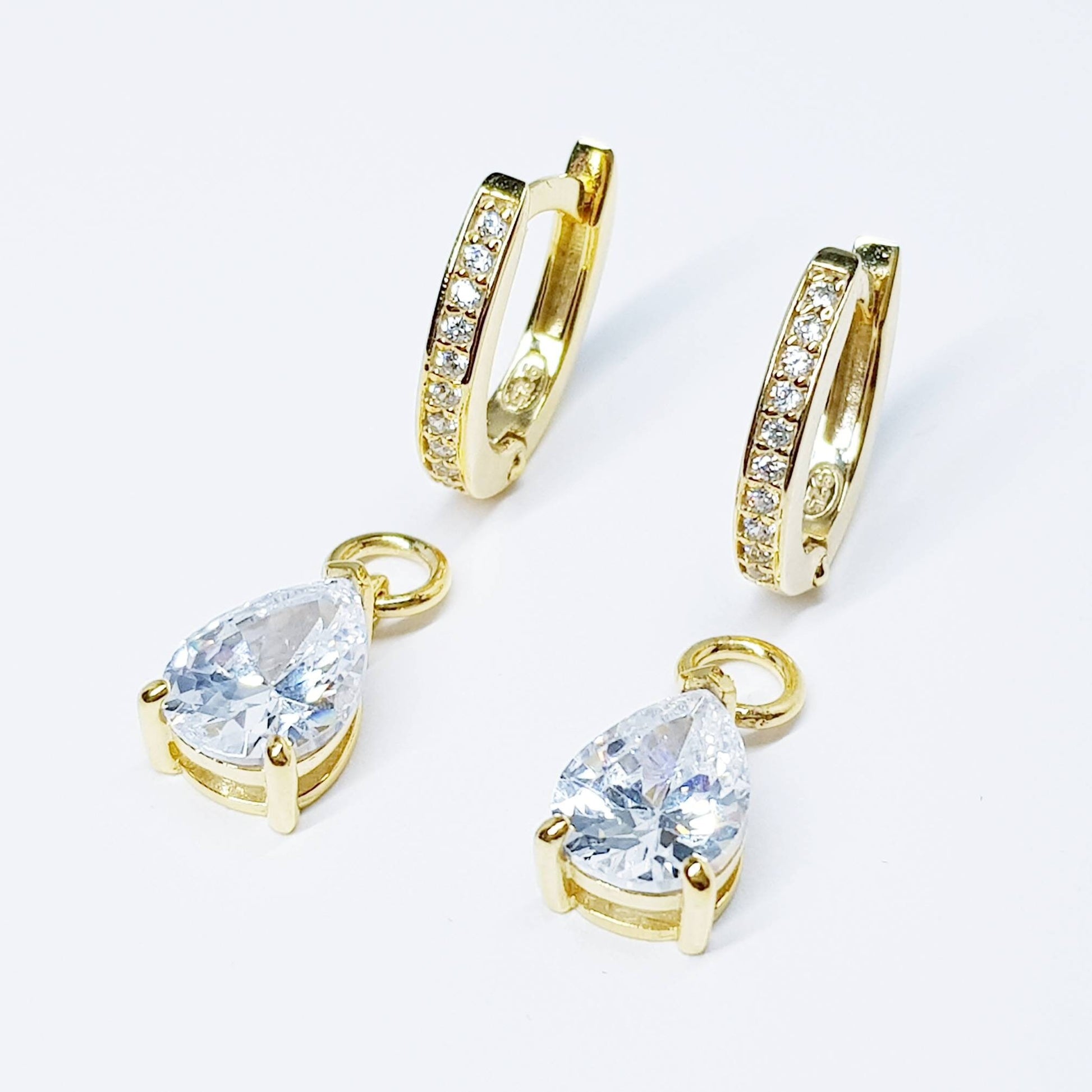 Two in one gold hoop earrings with removable solitaire teardrop, faux diamond small huggie earrings