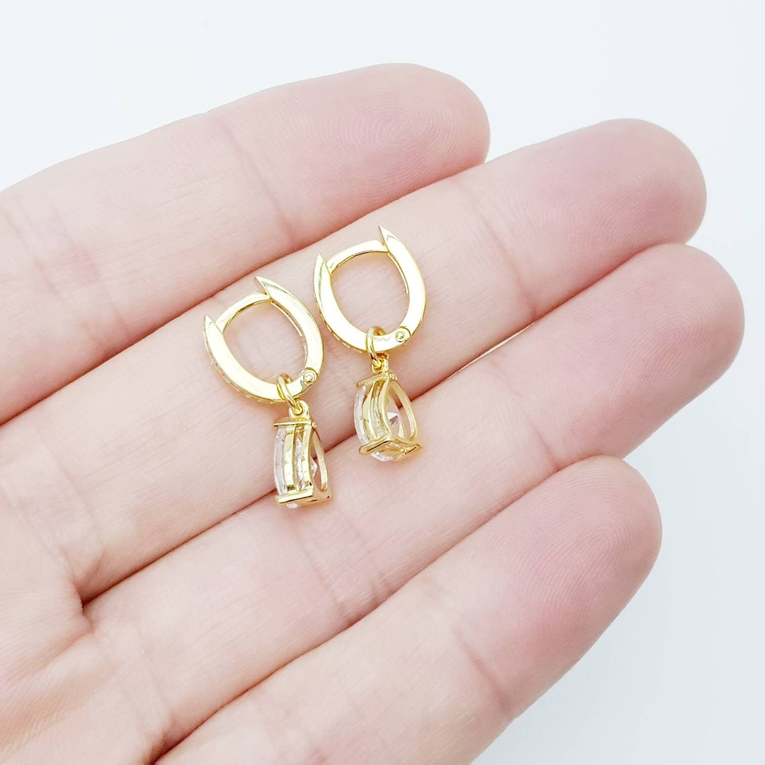 Two in one gold hoop earrings with removable solitaire teardrop, faux diamond small huggie earrings