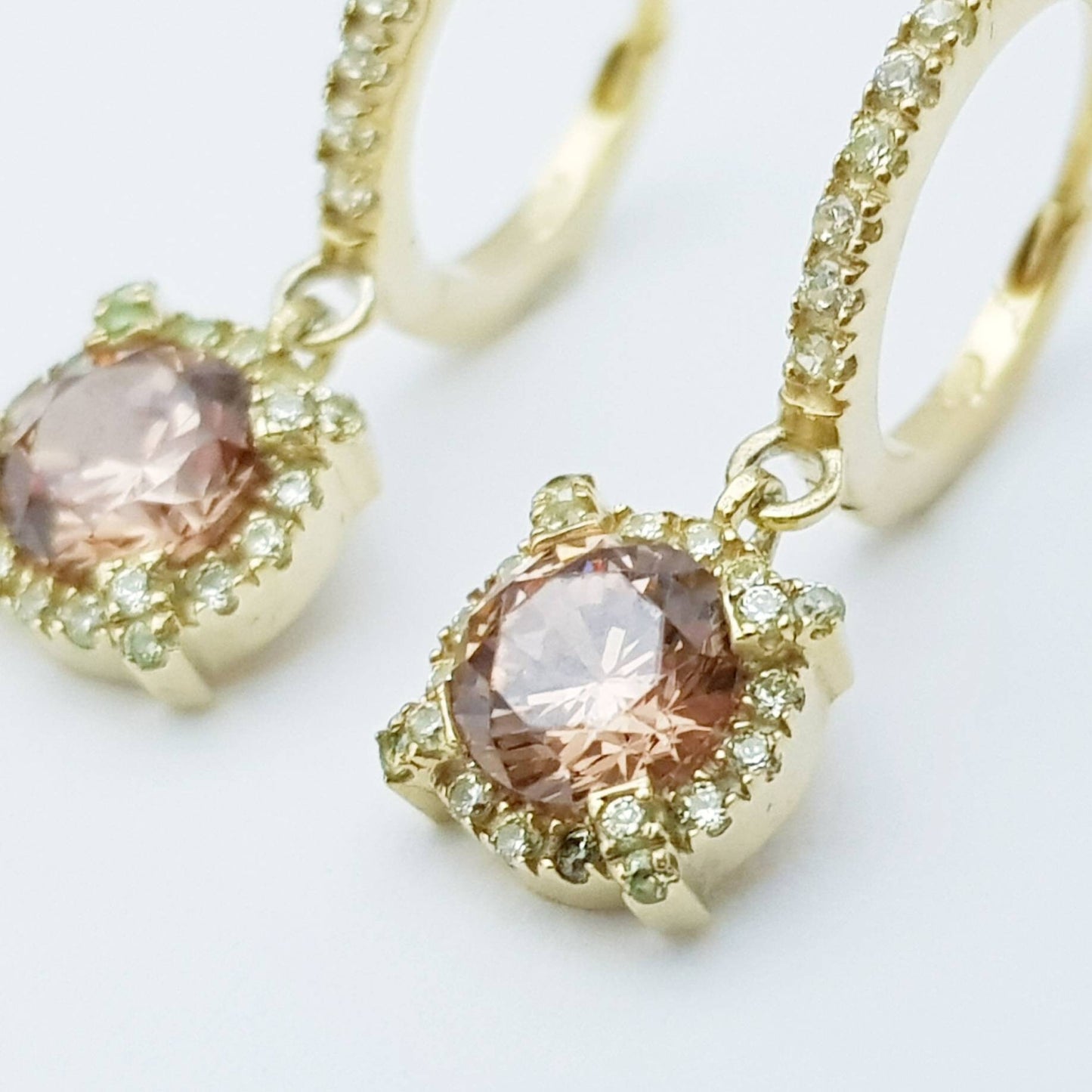 Dainty hoop earrings with small champagne pink drop, cute pink hoop earrings, thin gold plated hoops