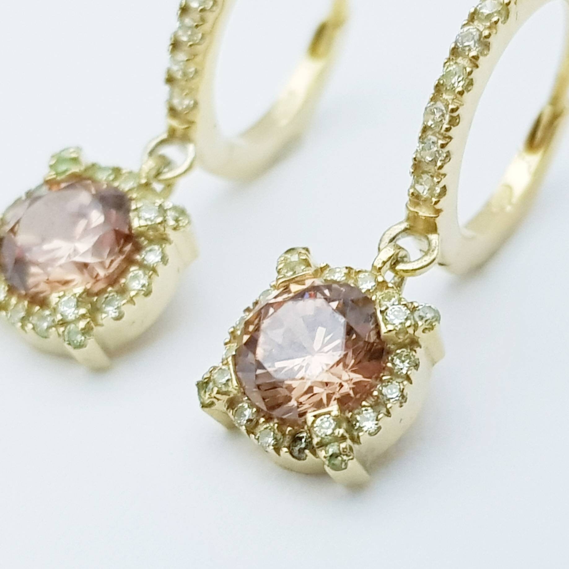 Dainty hoop earrings with small champagne pink drop, cute pink hoop earrings, thin gold plated hoops