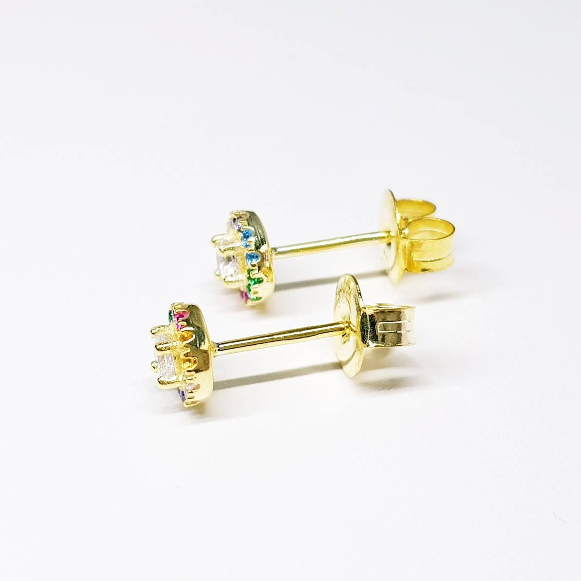 Dainty gold rainbow studs, sterling silver gold plated earrings, rainbow halo