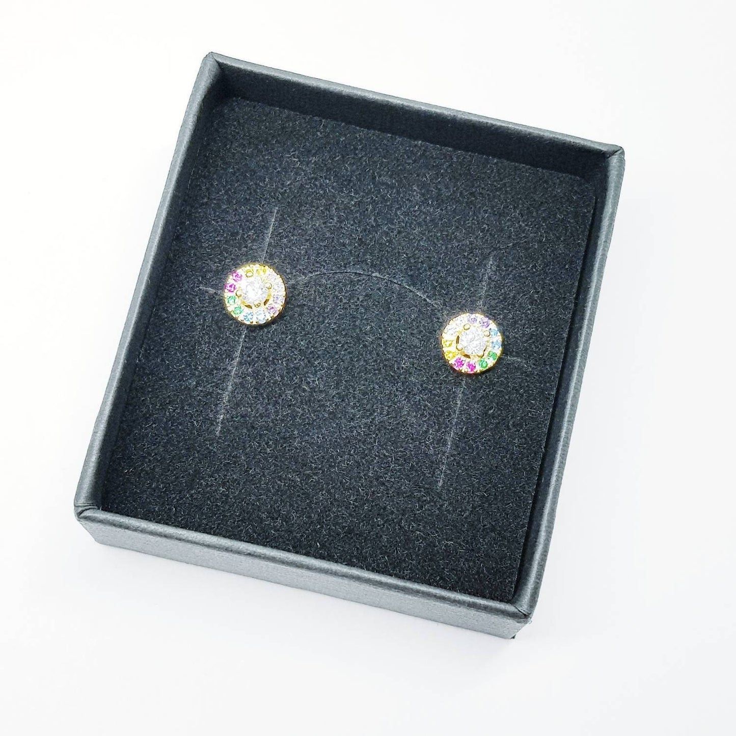 Dainty gold rainbow studs, sterling silver gold plated earrings, rainbow halo
