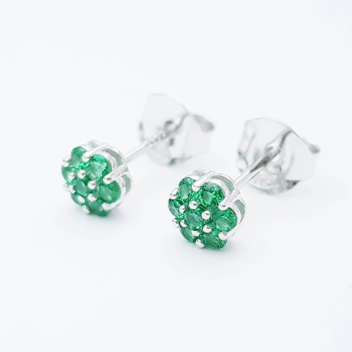 Minimal sterling silver claw set green stud earrings, second hole earring, small floral stud