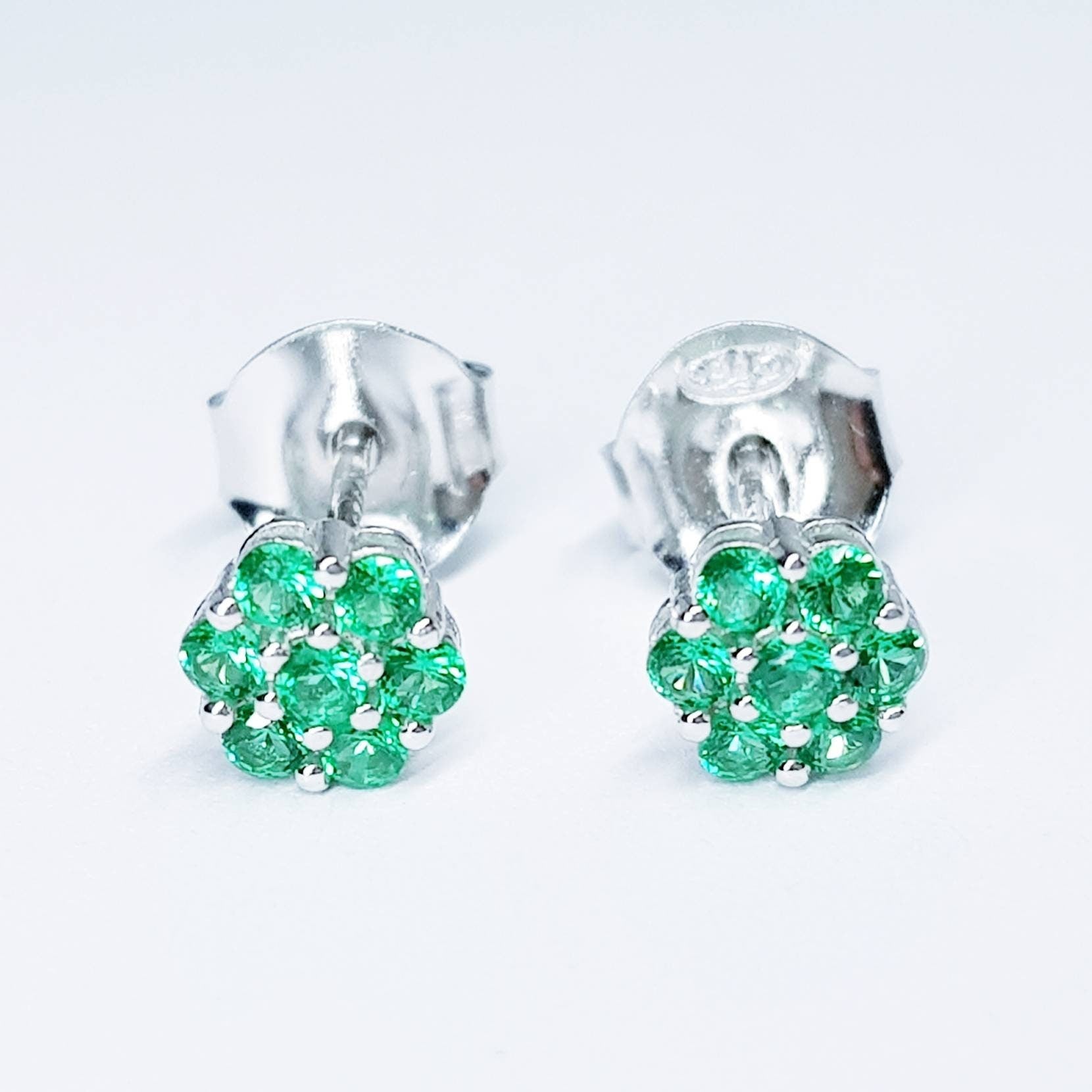 Minimal sterling silver claw set green stud earrings, second hole earring, small floral stud