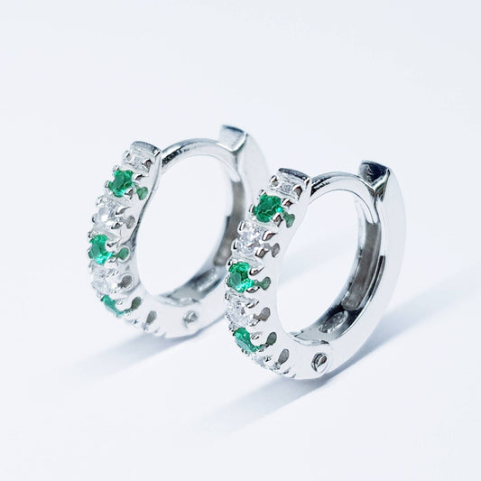 Small silver hoops with green and white CZs, mini hoop earrings, second hole huggies