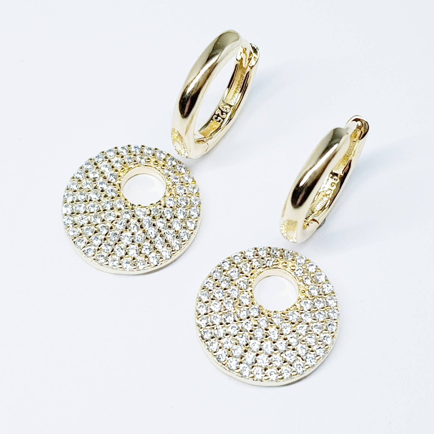 Mini gold hoop earrings with removable faux diamond disc, two earrings in one, Small Huggie earrings