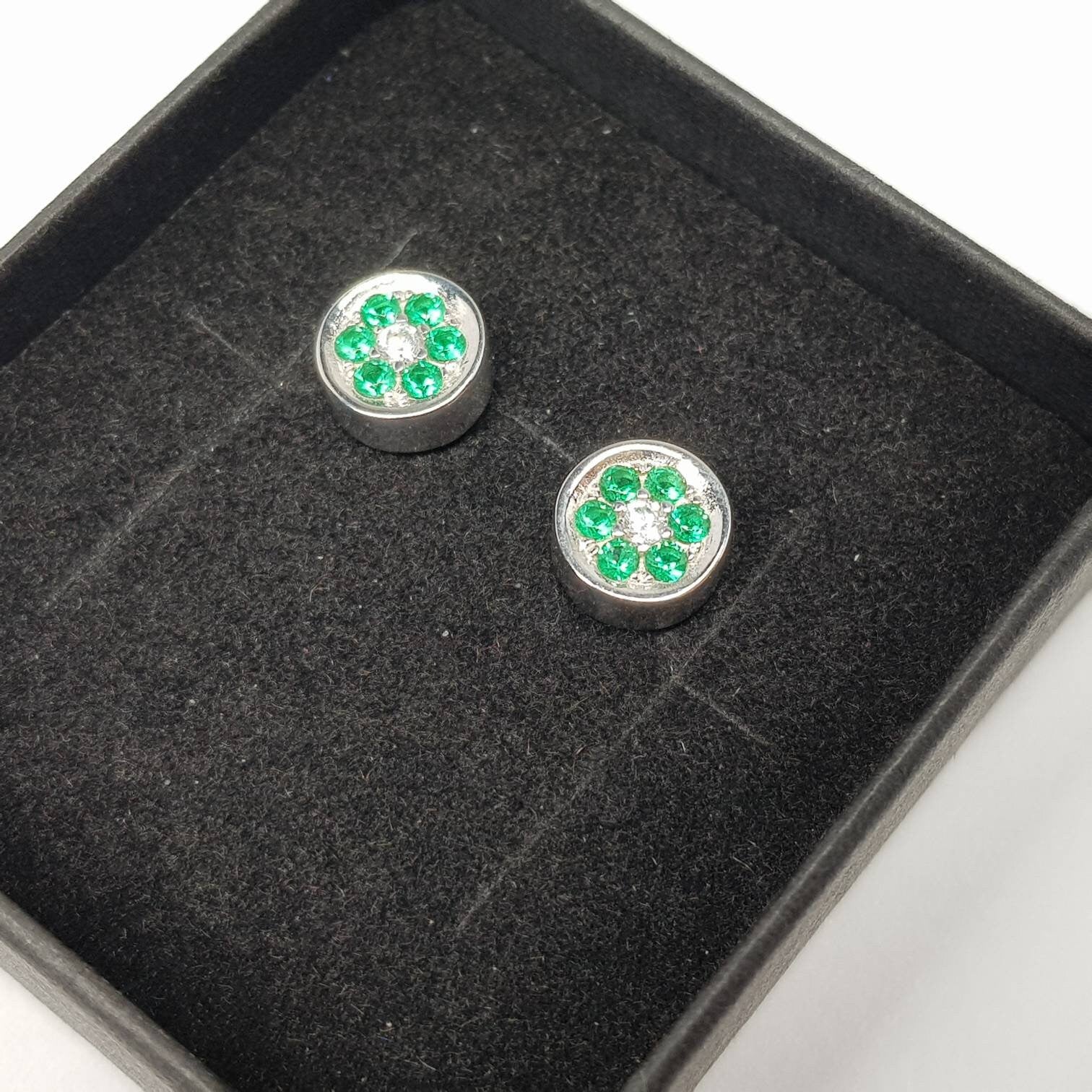 Minimal sterling silver green stud earrings, small round silver stud earrings, green floral earring