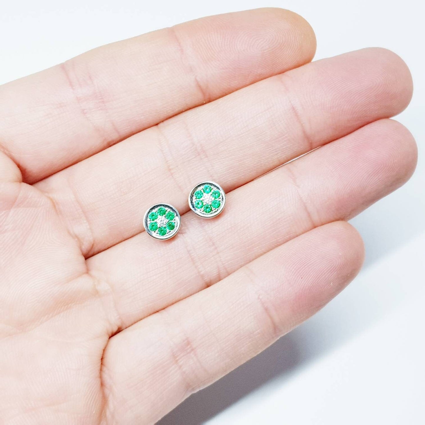 Minimal sterling silver green stud earrings, small round silver stud earrings, green floral earring