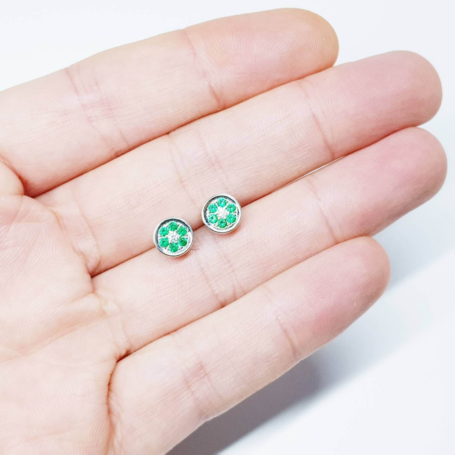 Minimal sterling silver green stud earrings, small round silver stud earrings, green floral earring