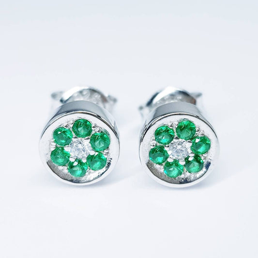 Minimal sterling silver green stud earrings, small round silver stud earrings, green floral earring