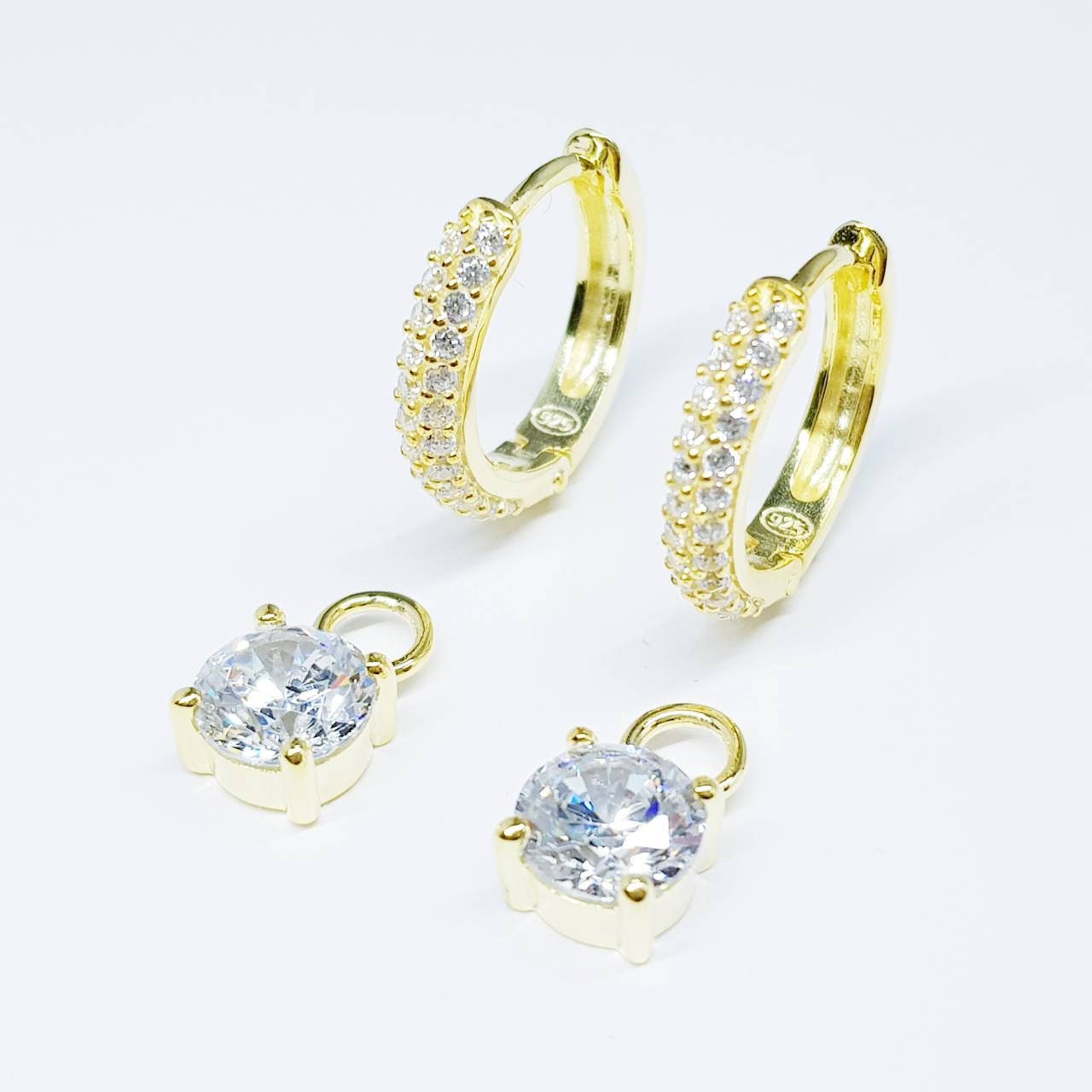 Gold hoop earrings with removable solitaire drop, two earrings in one, faux diamond huggie earrings