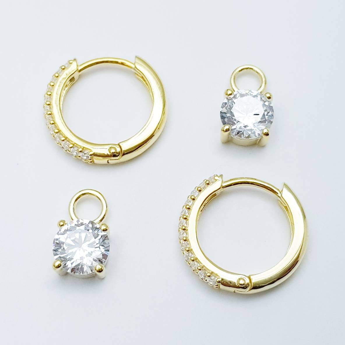 Gold hoop earrings with removable solitaire drop, two earrings in one, faux diamond huggie earrings