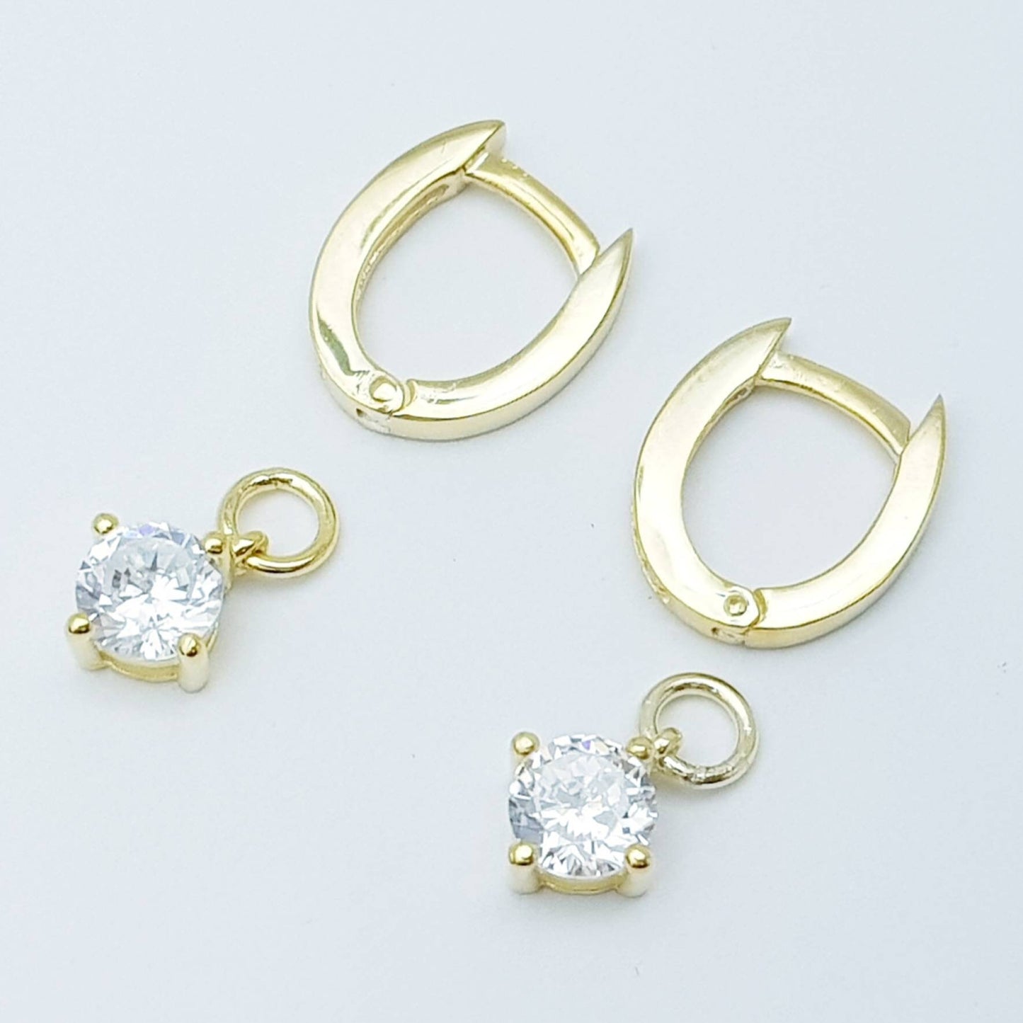 Thin Gold hoop earrings with removable solitaire drop, two earrings in one, faux diamond small huggie earrings