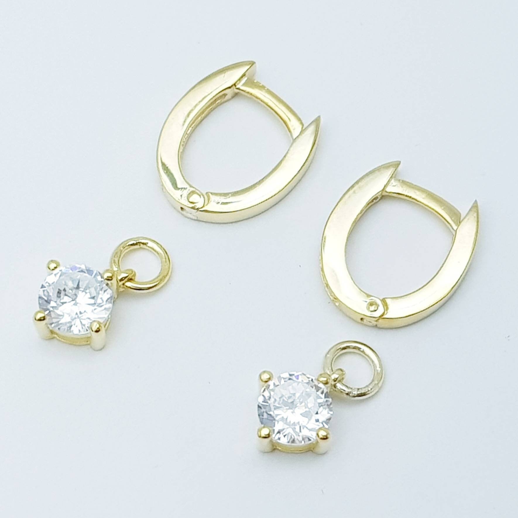 Thin Gold hoop earrings with removable solitaire drop, two earrings in one, faux diamond small huggie earrings