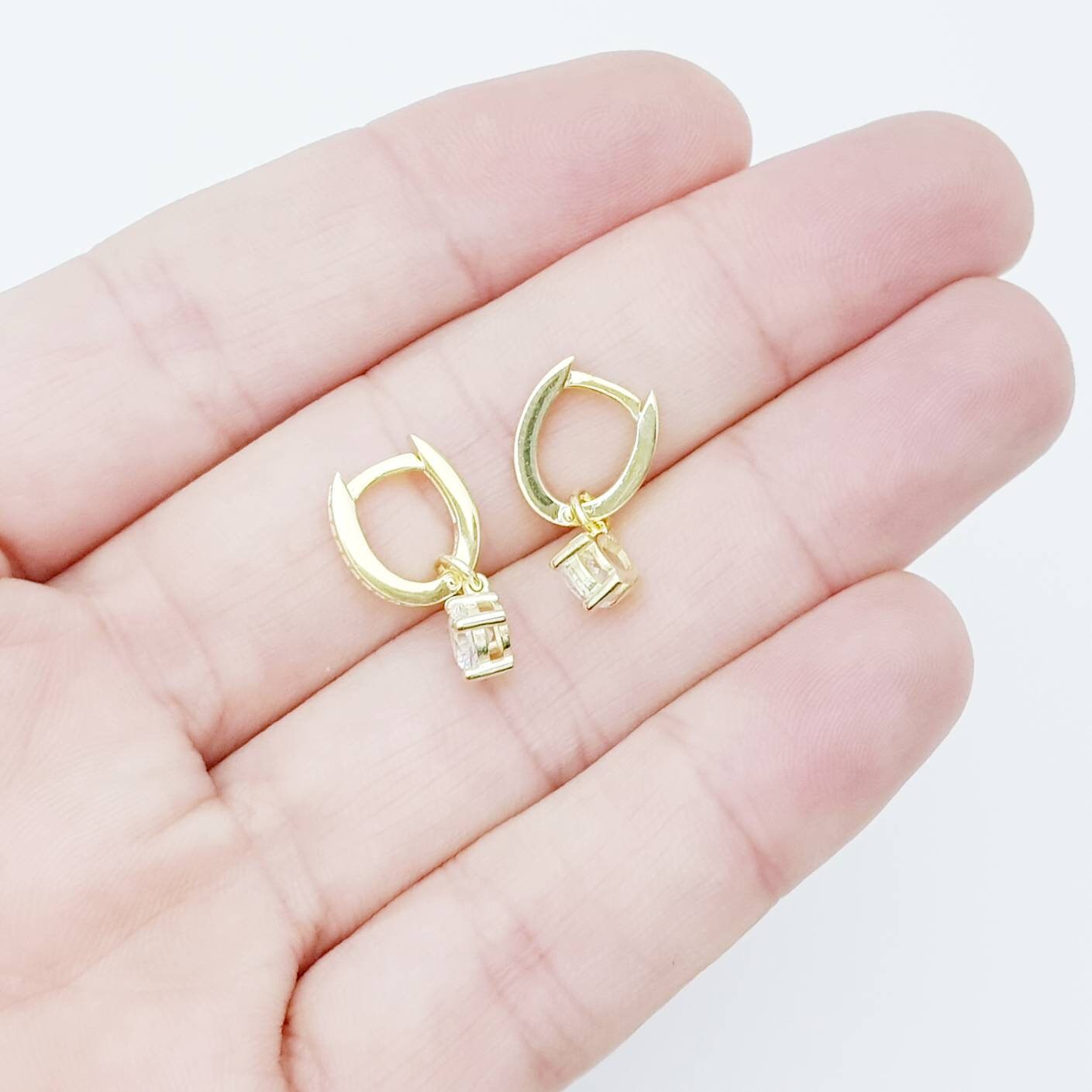 Thin Gold hoop earrings with removable solitaire drop, two earrings in one, faux diamond small huggie earrings