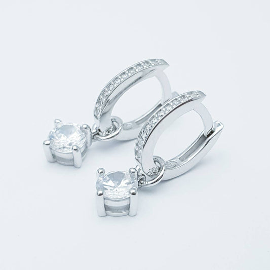 Dainty silver hoop earrings with removable solitaire drop, two earrings in one, faux diamond minimal huggie earrings