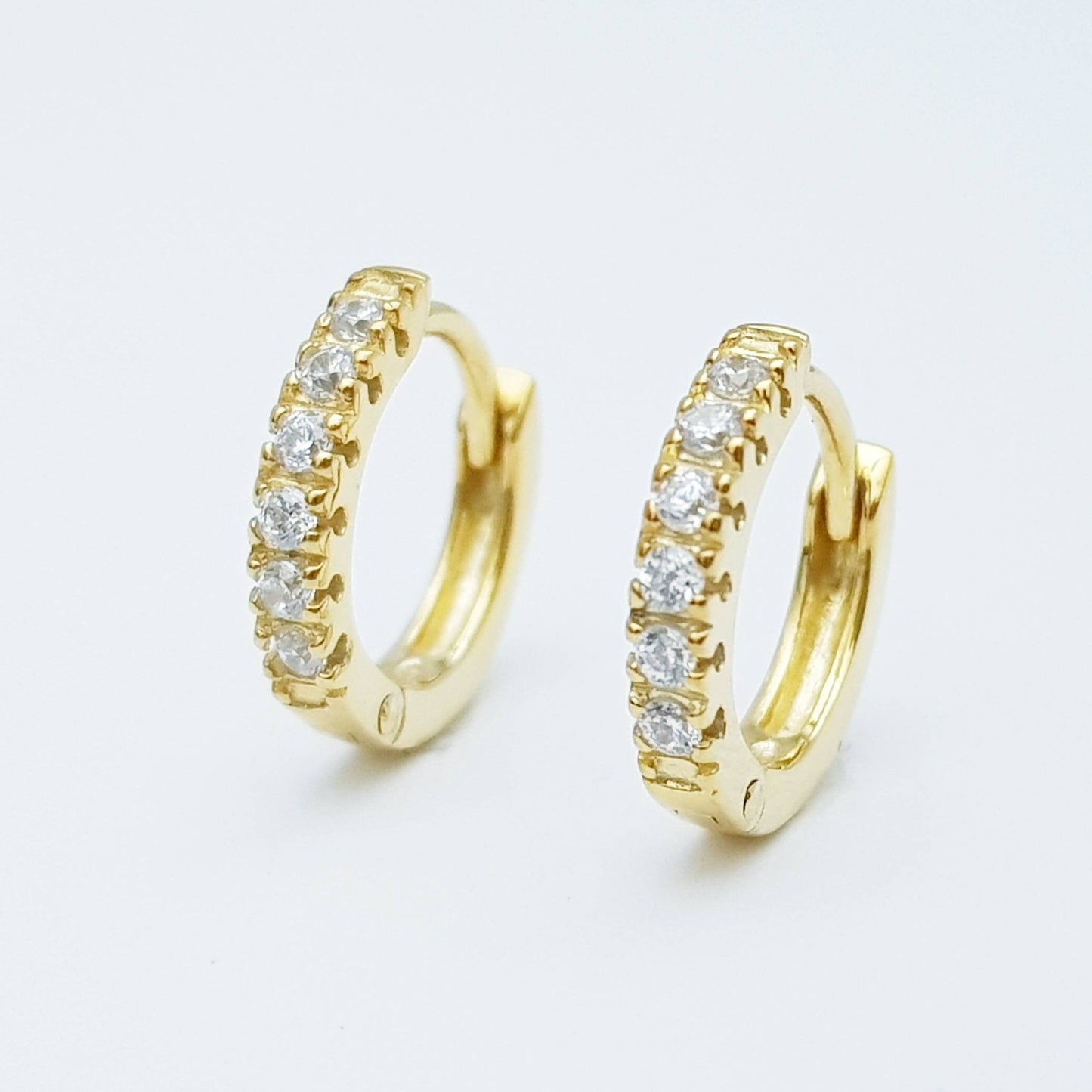Small hoop earrings, silver huggie earrings, gold plated cz huggies, dainty diamond second hoop