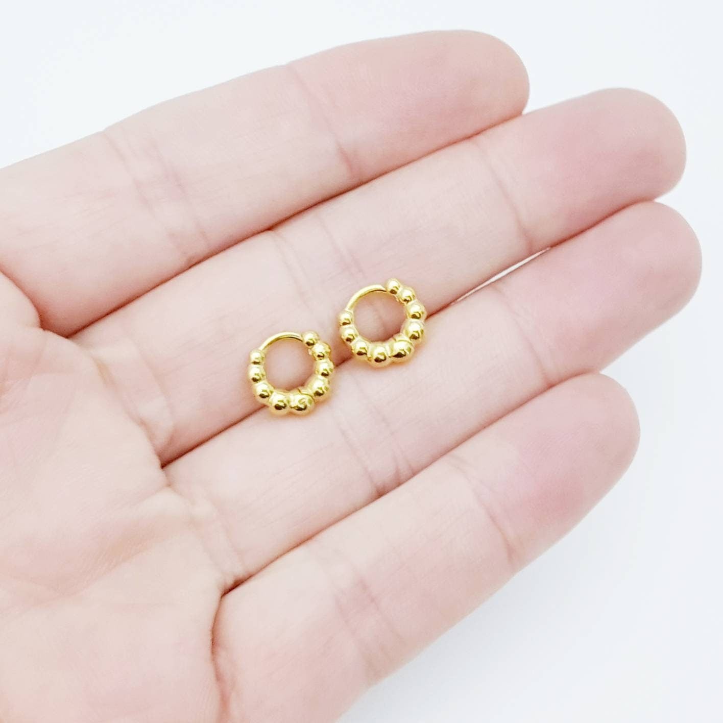 Small plain hoop earrings, beaded huggie earrings, gold plated plain huggies