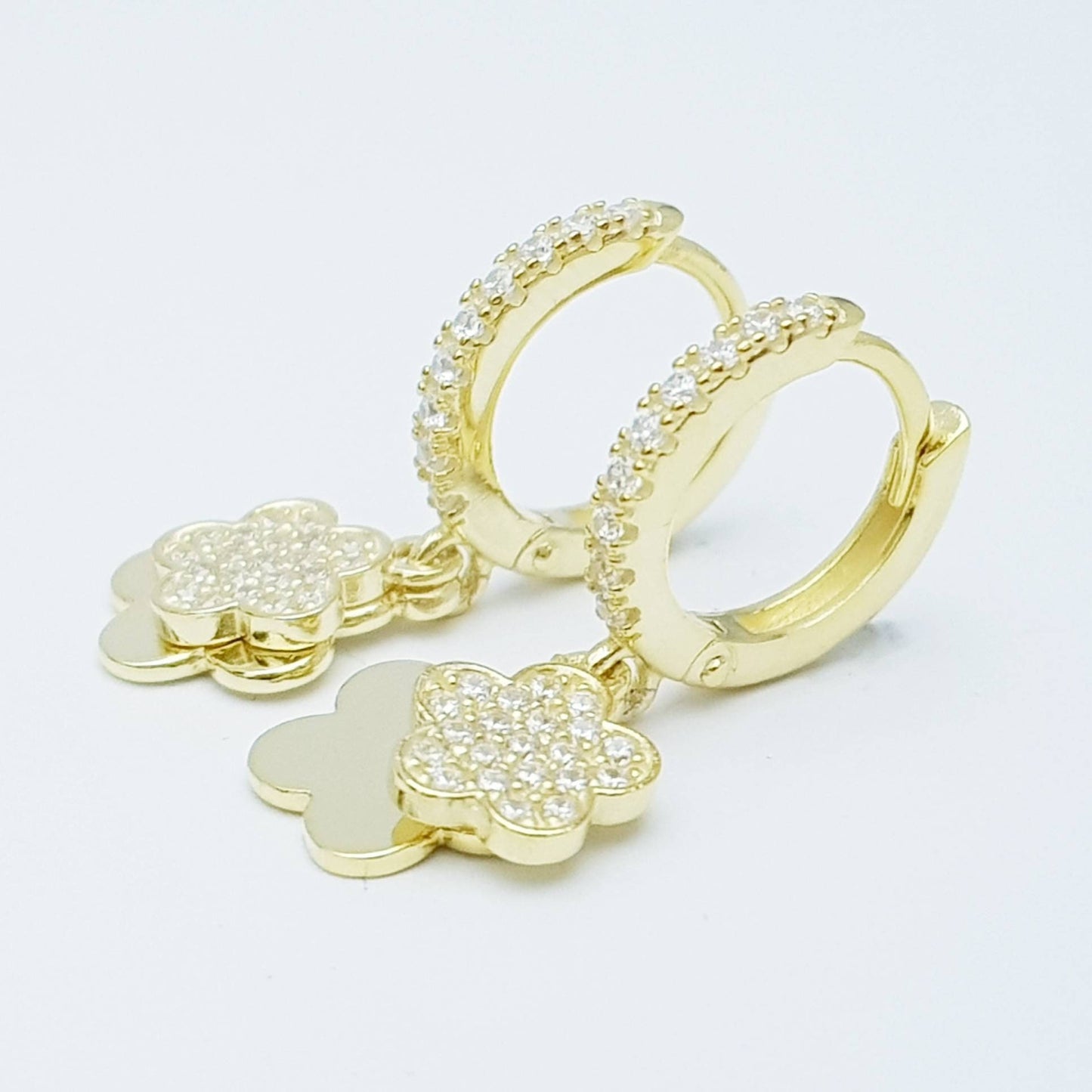 Dainty silver hoop earrings with two dangling floral charms, cute flower drop earrings, Minimalist Earrings, 925 Silver Dangle Hoops,