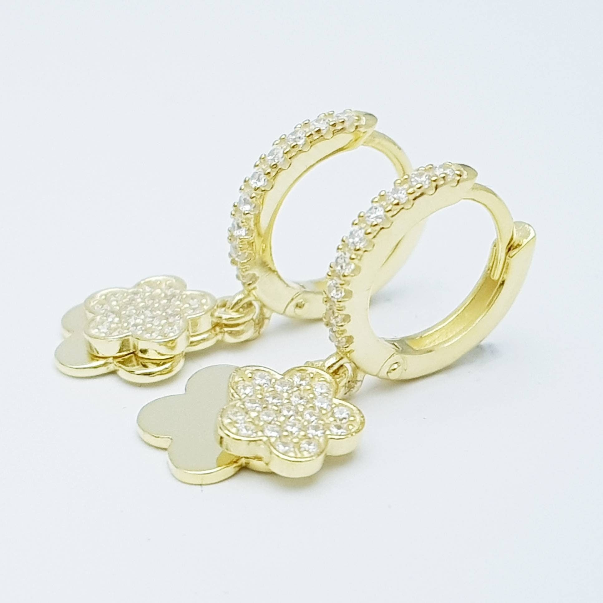 Dainty silver hoop earrings with two dangling floral charms, cute flower drop earrings, Minimalist Earrings, 925 Silver Dangle Hoops,