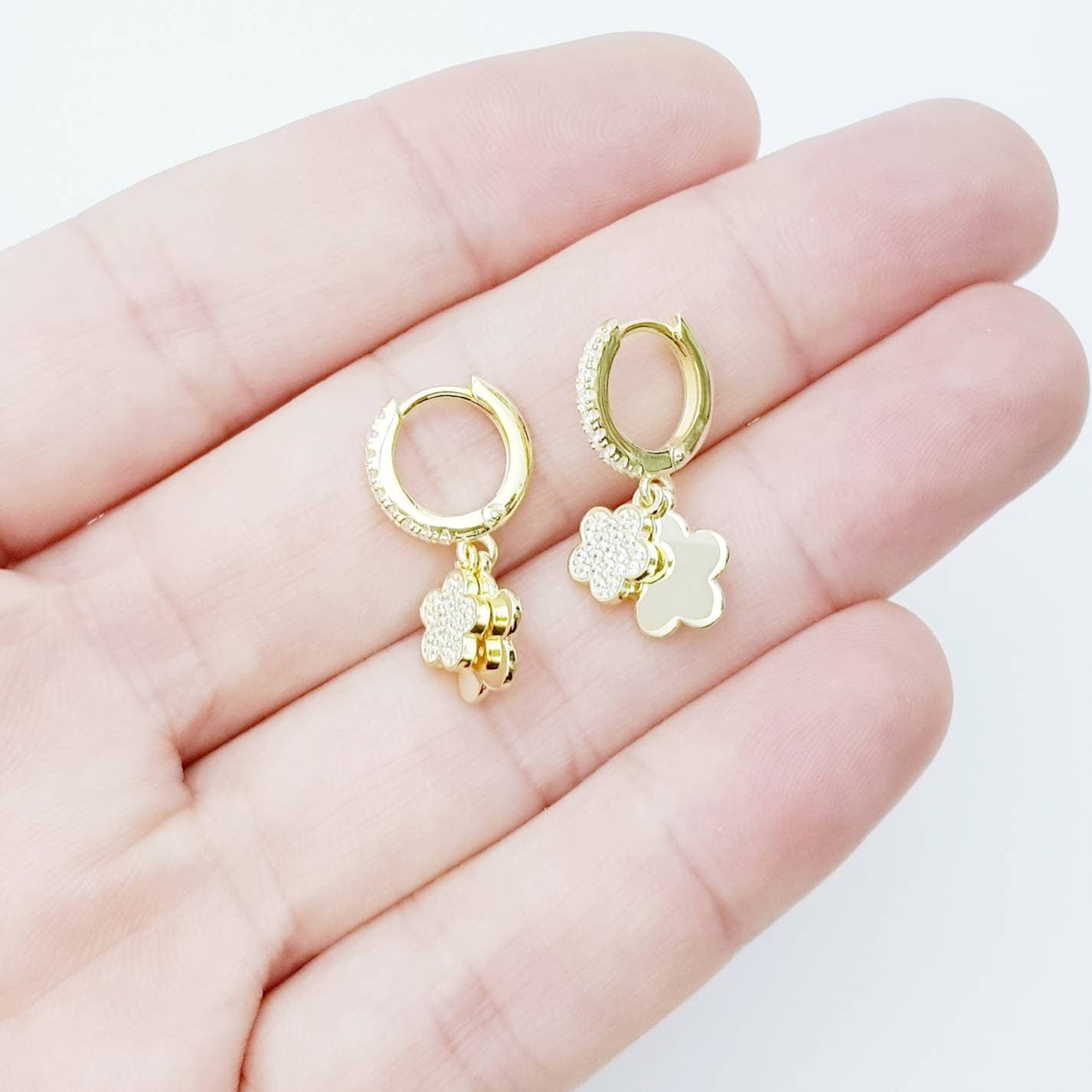 Dainty silver hoop earrings with two dangling floral charms, cute flower drop earrings, Minimalist Earrings, 925 Silver Dangle Hoops,