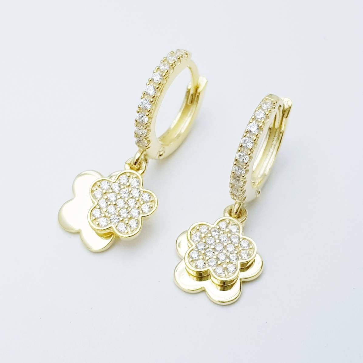 Dainty silver hoop earrings with two dangling floral charms, cute flower drop earrings, Minimalist Earrings, 925 Silver Dangle Hoops,