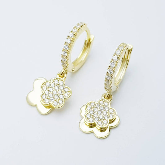 Dainty silver hoop earrings with two dangling floral charms, cute flower drop earrings, Minimalist Earrings, 925 Silver Dangle Hoops,