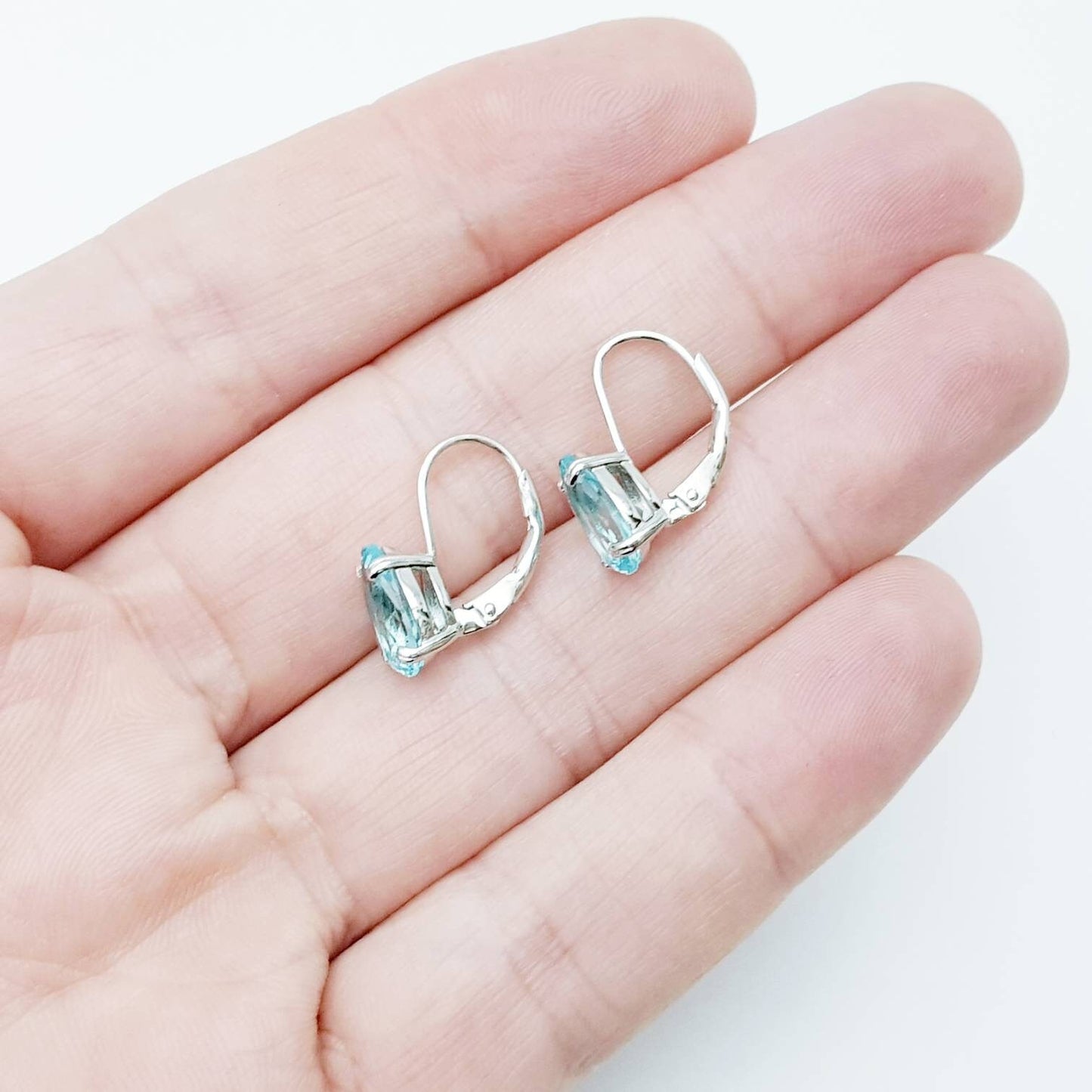 Sparkling turquoise blue silver lever back earrings, teardrop leverback earrings, March birthstone