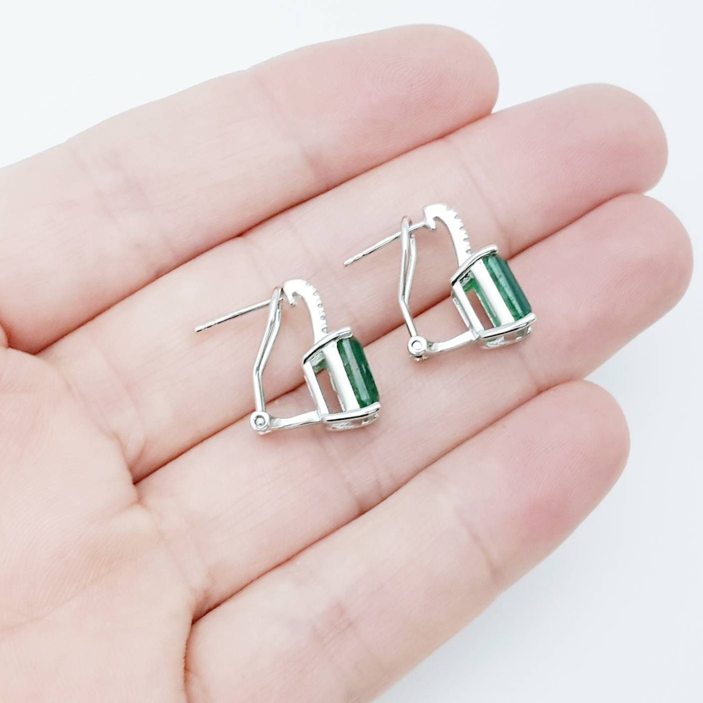 Sterling silver faux emerald leverback earrings, rectangular drop earrings, may bithstone
